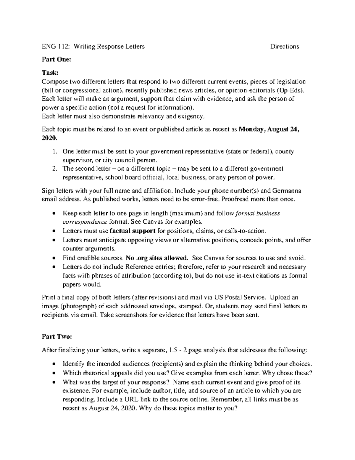 ENG 112 Formal Response Letters (directions) Fall 2020 - ENG 112 ...