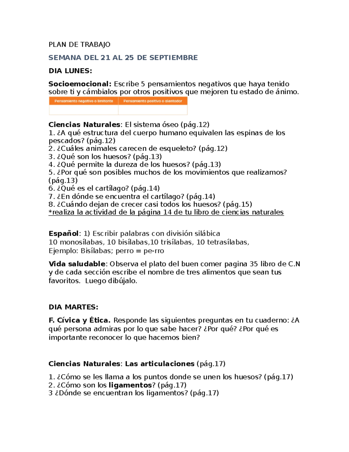 PLAN DE Trabajo del 21 al 25 sep - PLAN DE TRABAJO SEMANA DEL 21 AL 25 ...