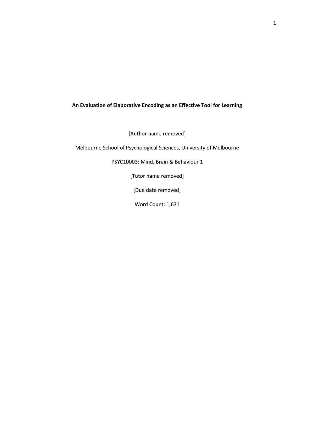 PSYC10003 sample-paper-01 - An Evaluation of Elaborative Encoding as an ...