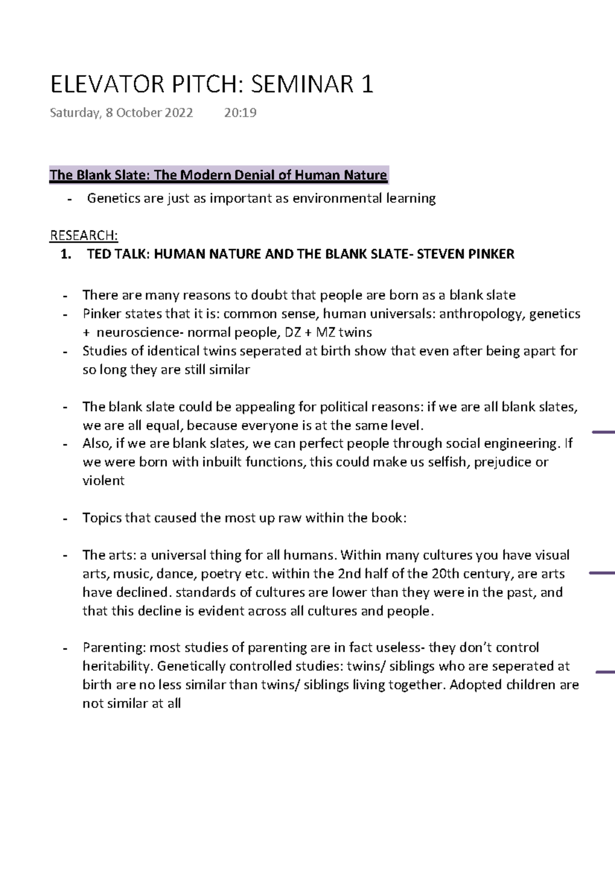 Elevator Pitch Seminar 1 The Blank Slate The Modern Denial of Human