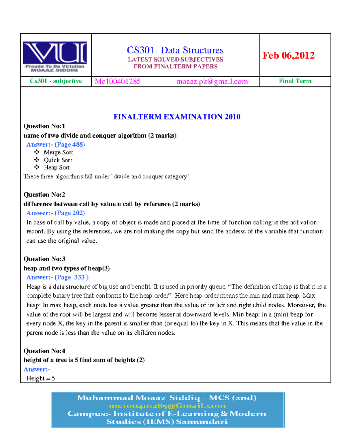 Cs301 final term subjectives solved with references by moaaz vustudy ...