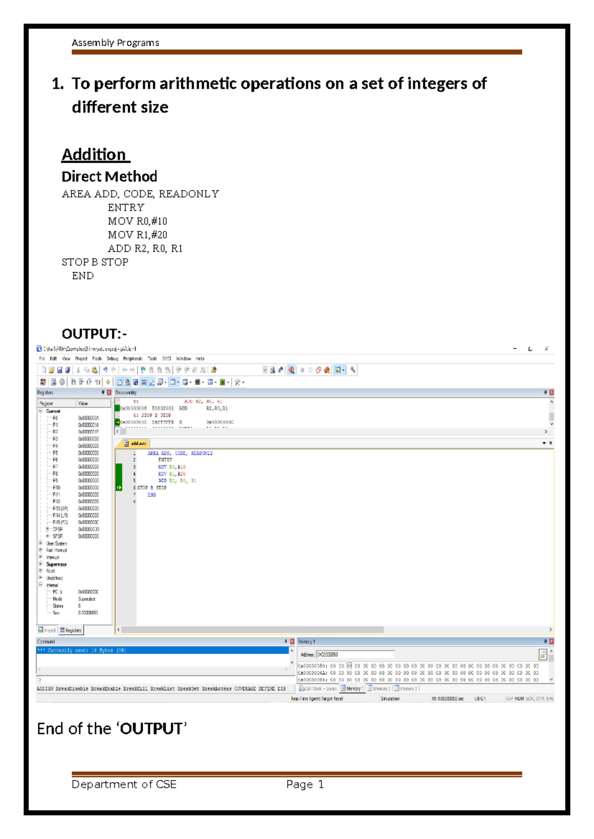 Advanced risc machines - 1. To perform arithmetic operations on a set ...