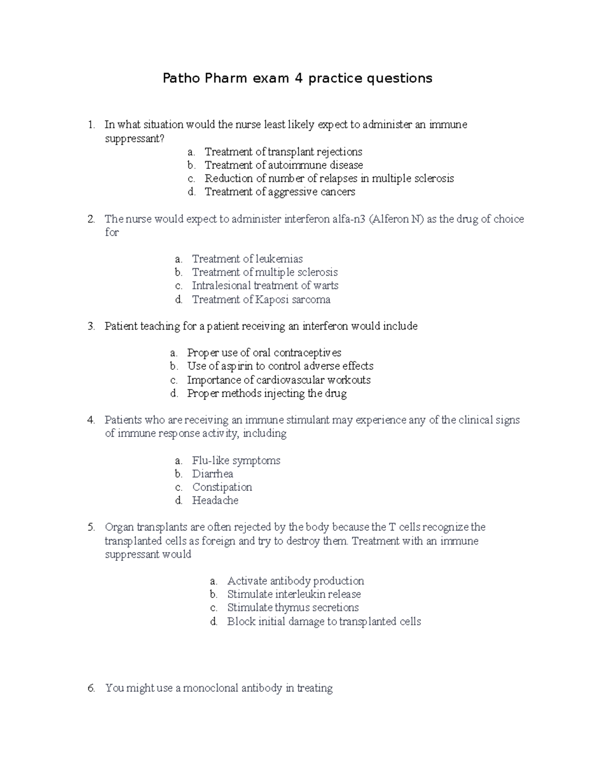 Patho Pharm exam 4 practice questions - 822 - Studocu