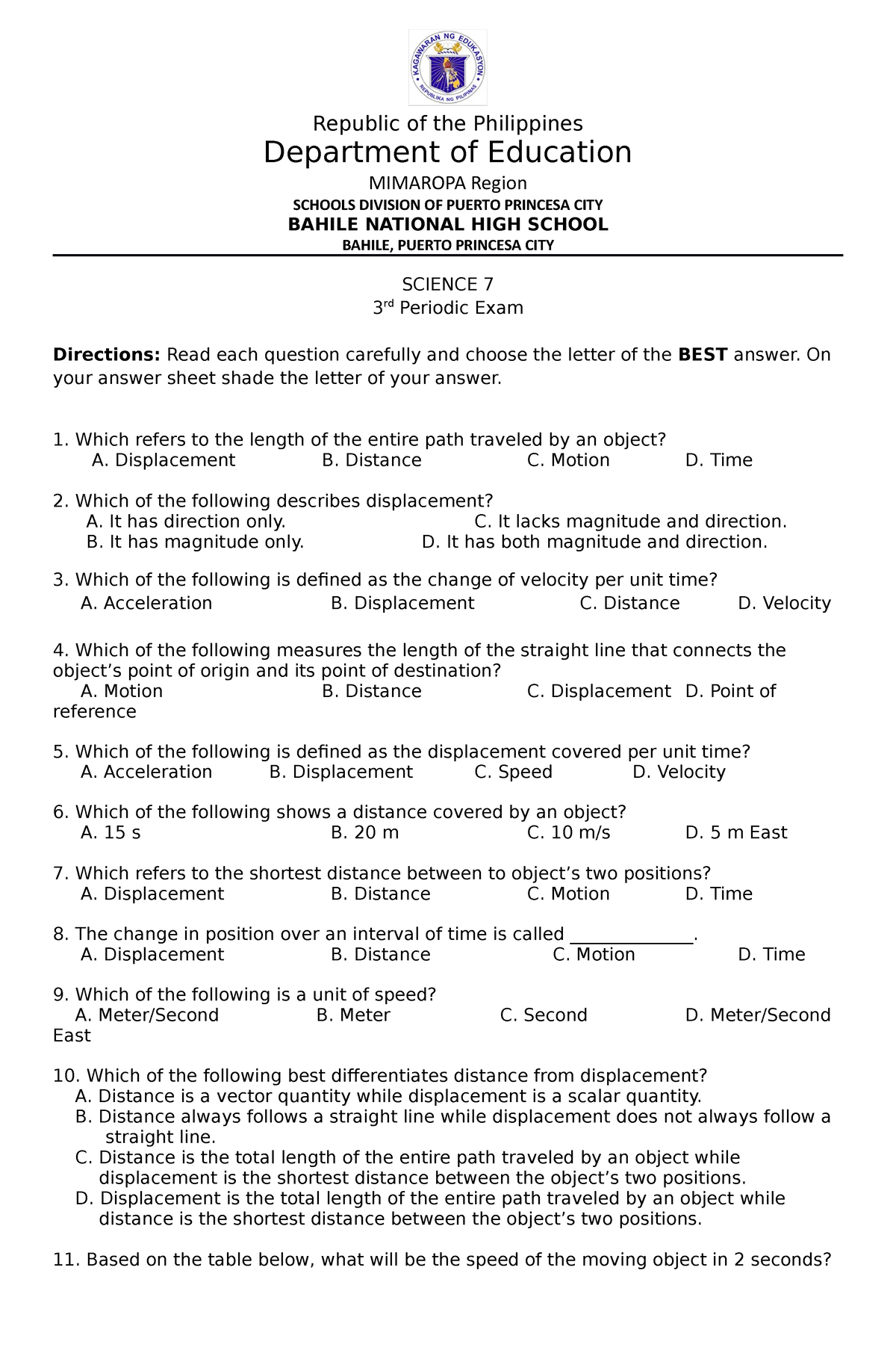 G7 - 3Q EXAM - Periodic Exam For Science 10 And 7 - Republic Of The ...