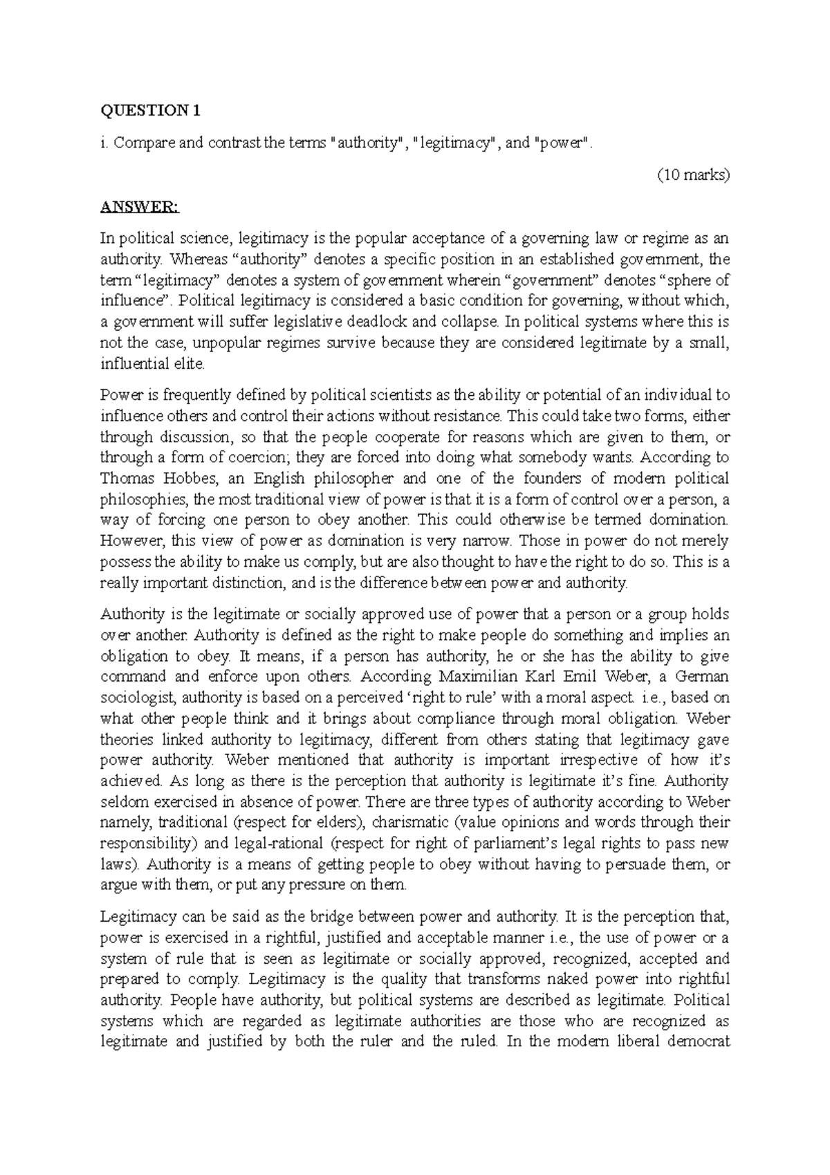 Q1 nms 1 Compare and contrast the terms "authority", "legitimacy