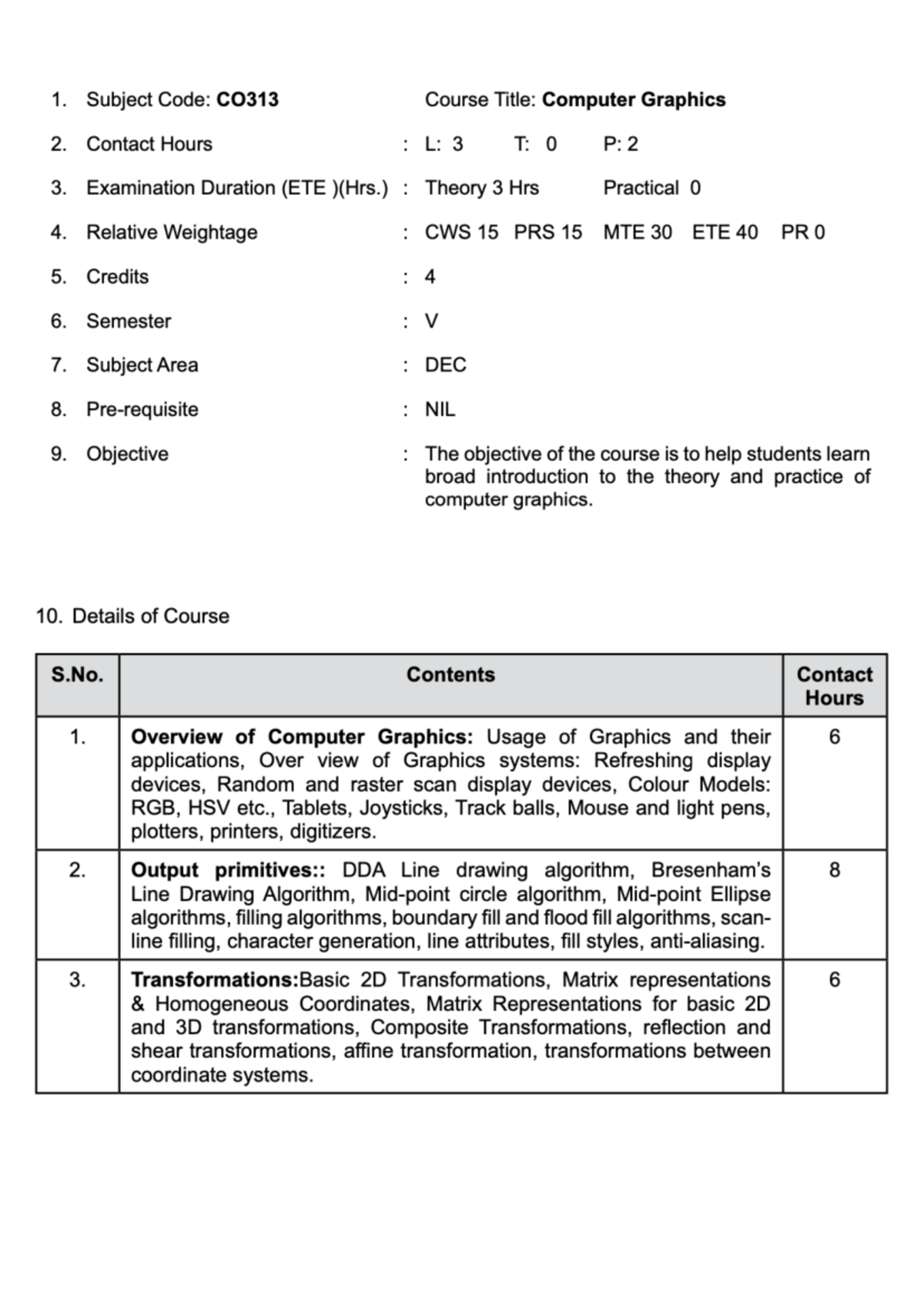 CG-syllabus - Use this to learn more about OC. - 1. Subject Code: CO313 ...