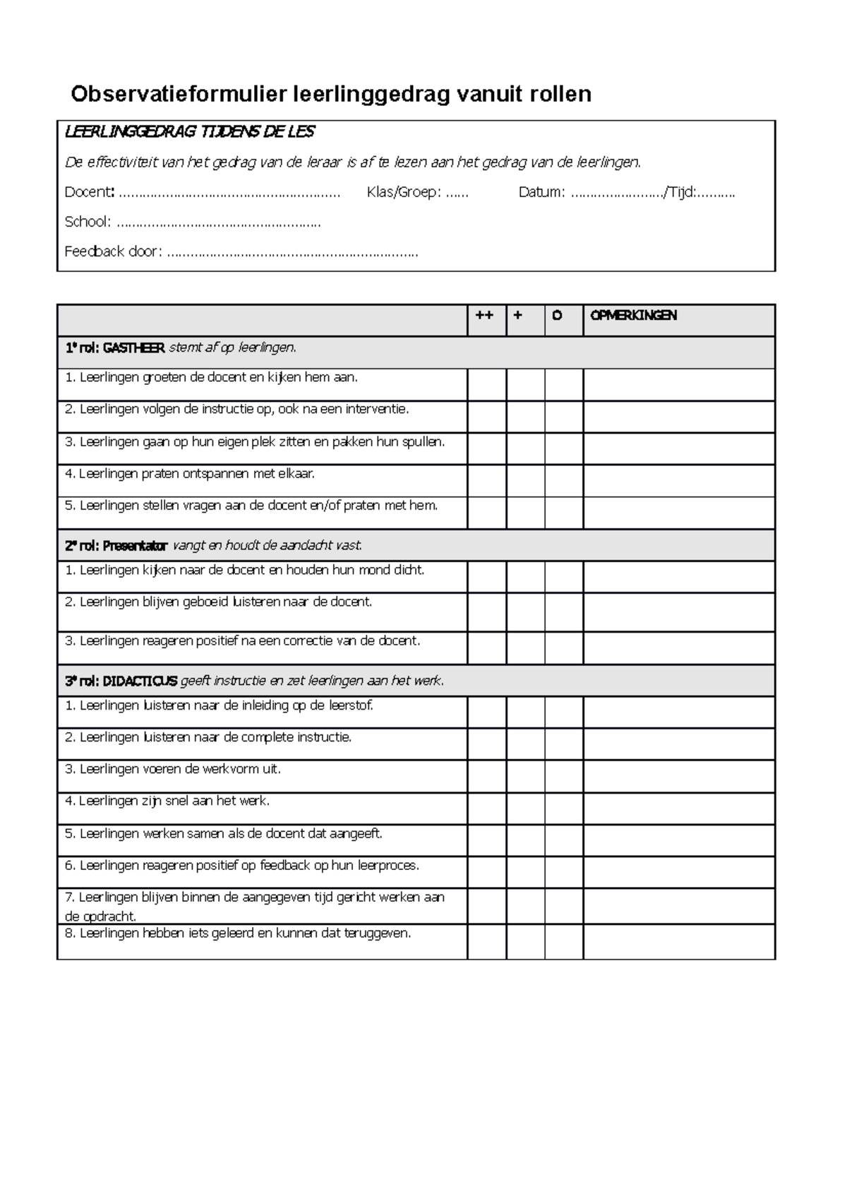 Observatieformulier Leerlinggedrag Vanuit De 6 Rollen Van De Leraar 