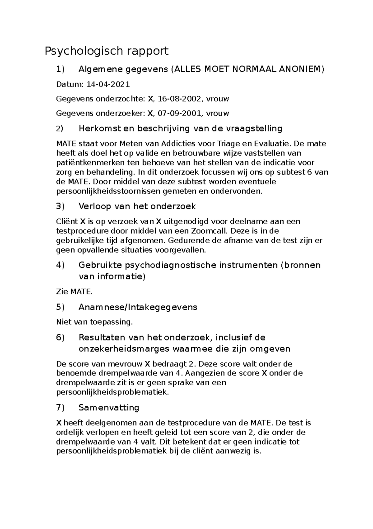 Psychologisch rapport Professionele Vaardigheden  Professionele