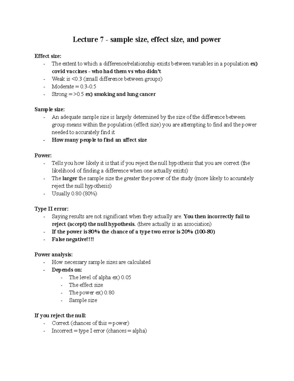 Stats - Lecture notes - Lecture 7 - sample size, effect size, and power ...