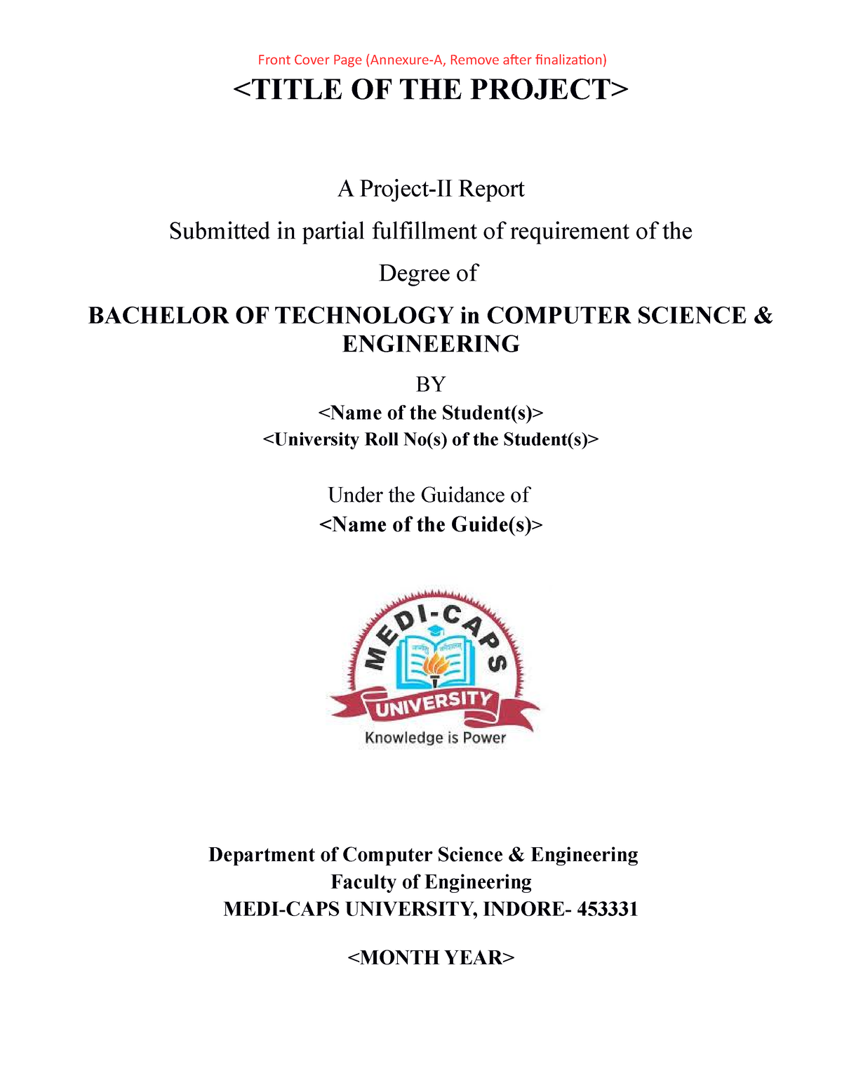 Offcampus Internship BTech CSE ProjectII Report Format Front Cover