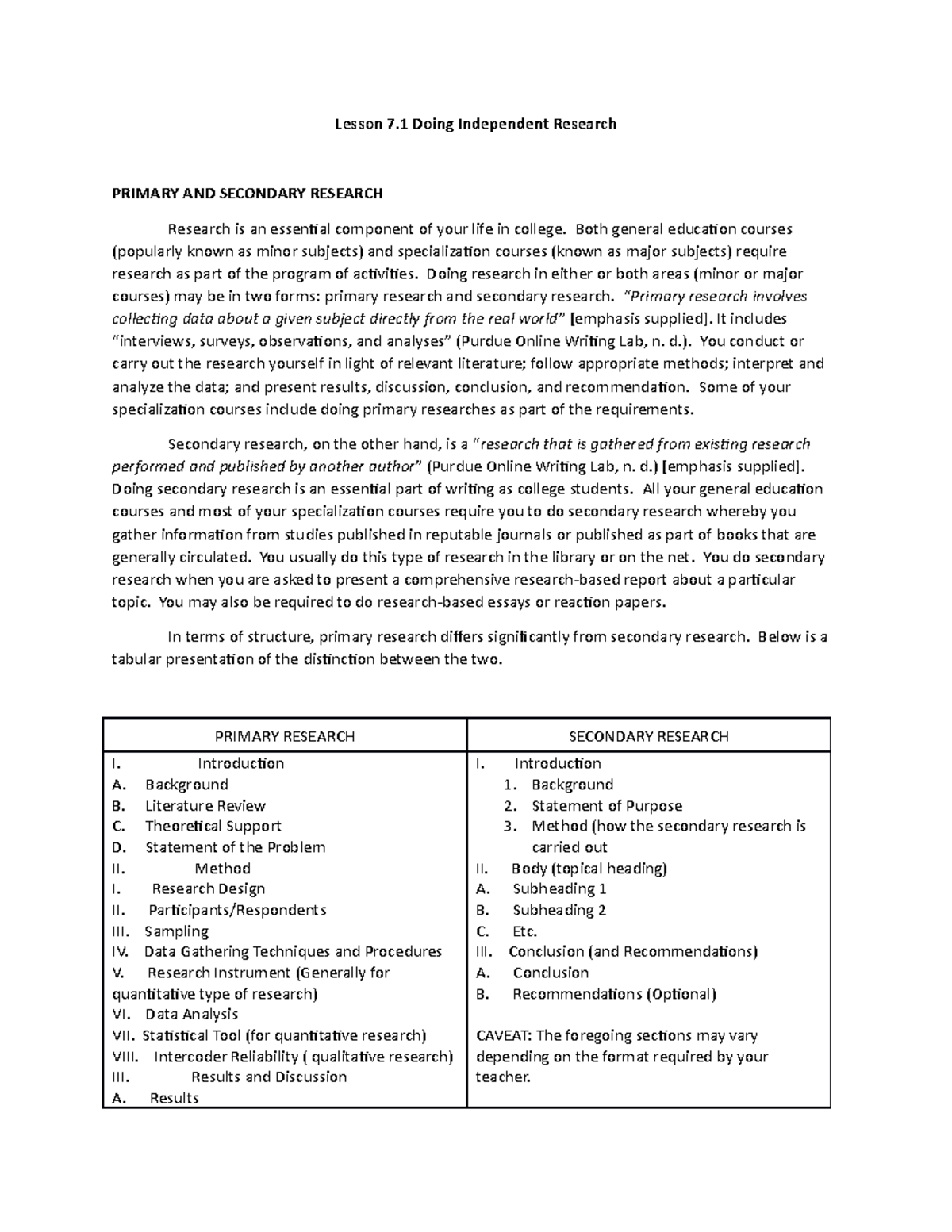 Lesson 7 rekt Lesson 7 Doing Independent Research PRIMARY AND