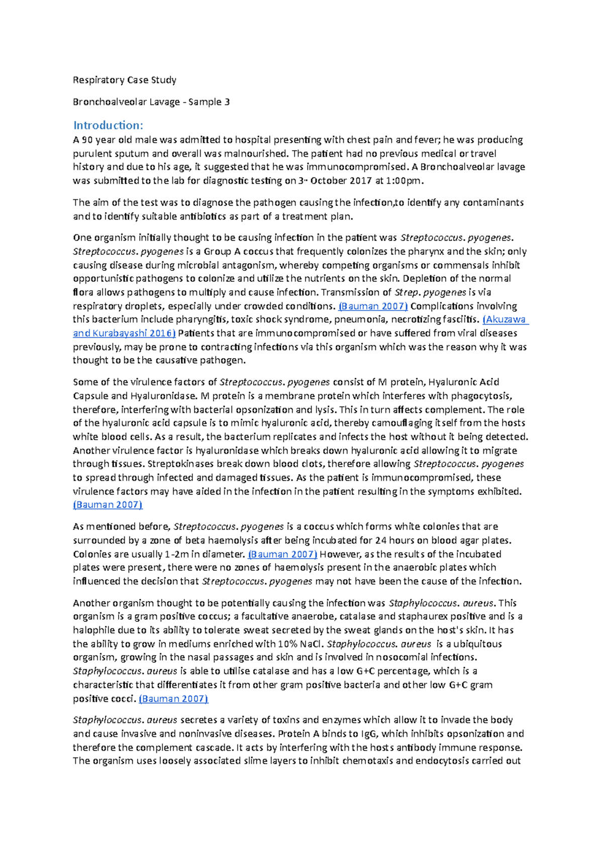 Respiratory Case Study - Respiratory Case Study Bronchoalveolar Lavage 