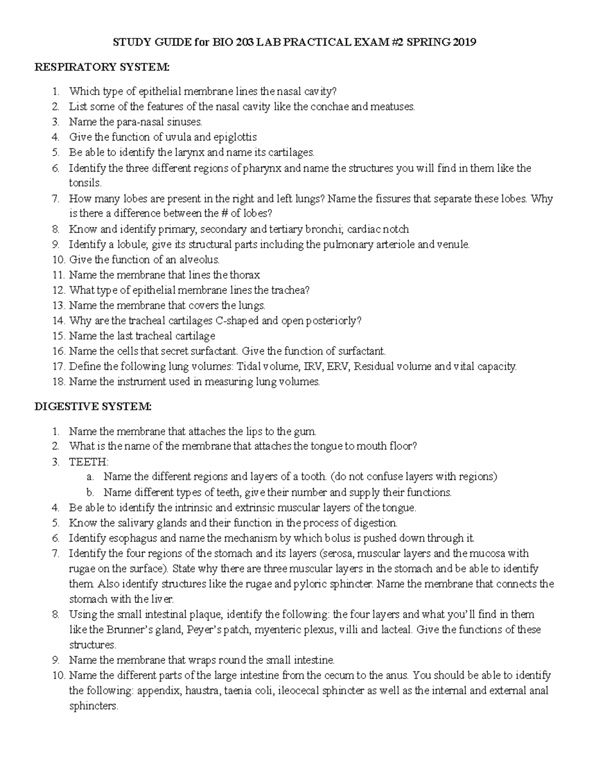Study Guide for BIO 203 LAB PRAC EX #2 Spring 2019 - STUDY GUIDE for ...