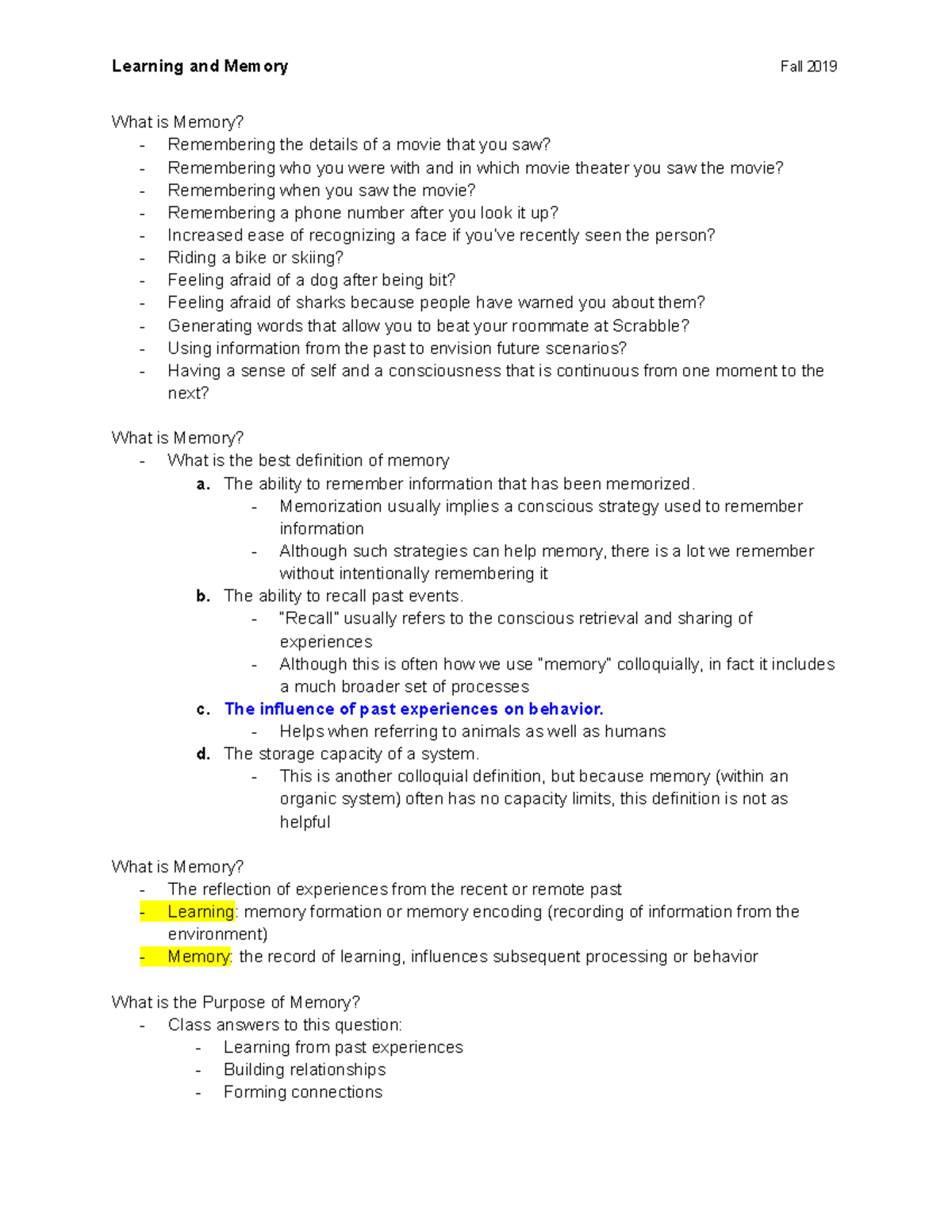 Learning and Memory Notes - What is Memory? - Remembering the details ...