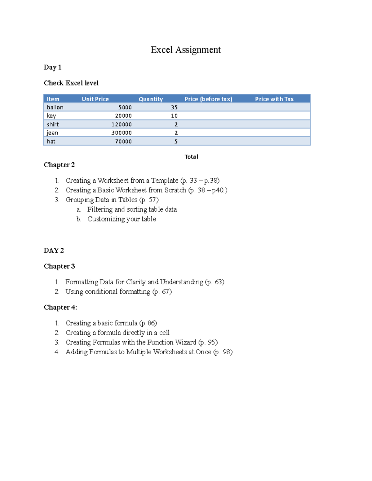 Excel Assignment - 2018 - Excel Assignment Day 1 Check Excel level Item ...