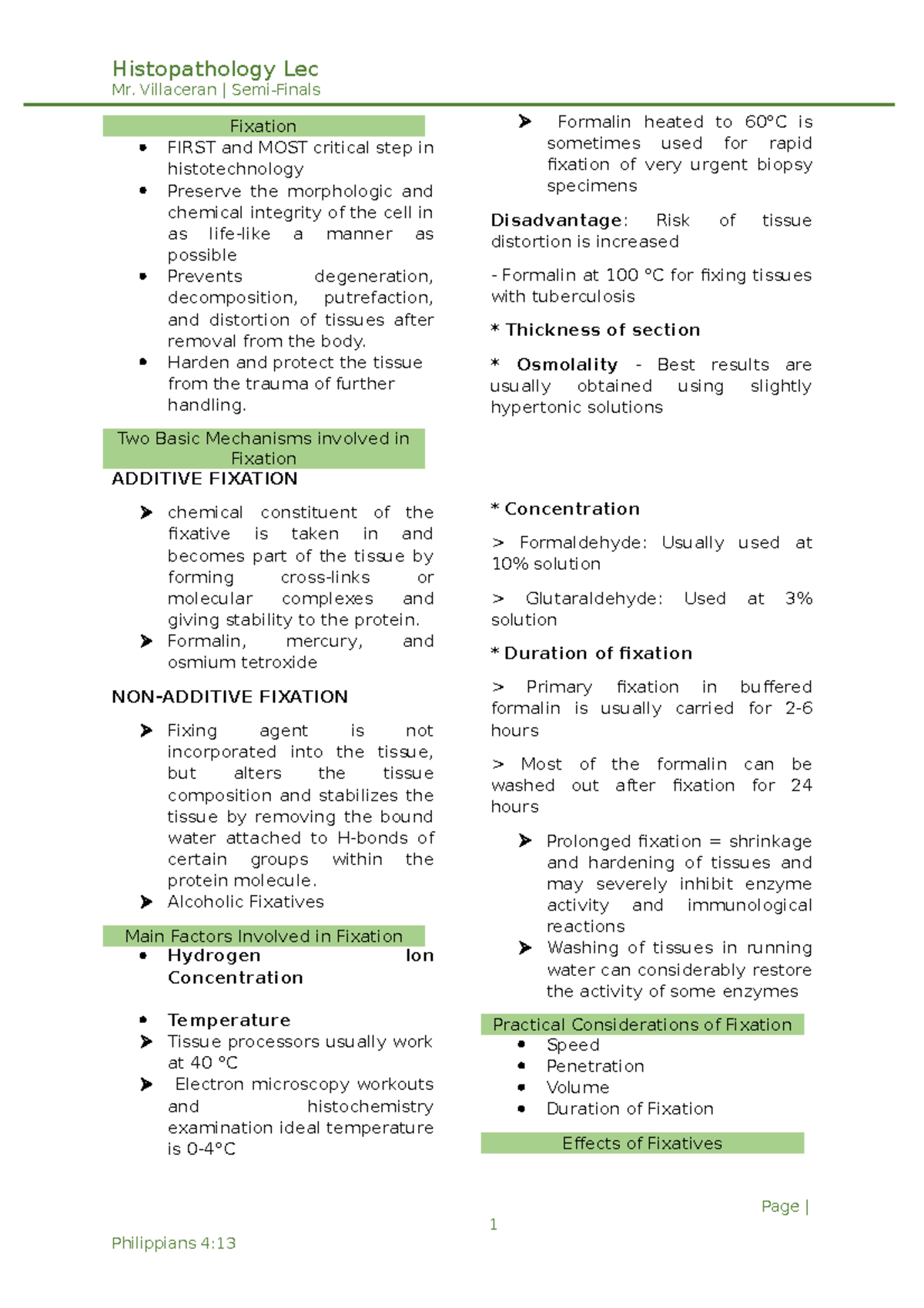 Fixation and Fixatives Histopath Lec Mr. Villaceran SemiFinals