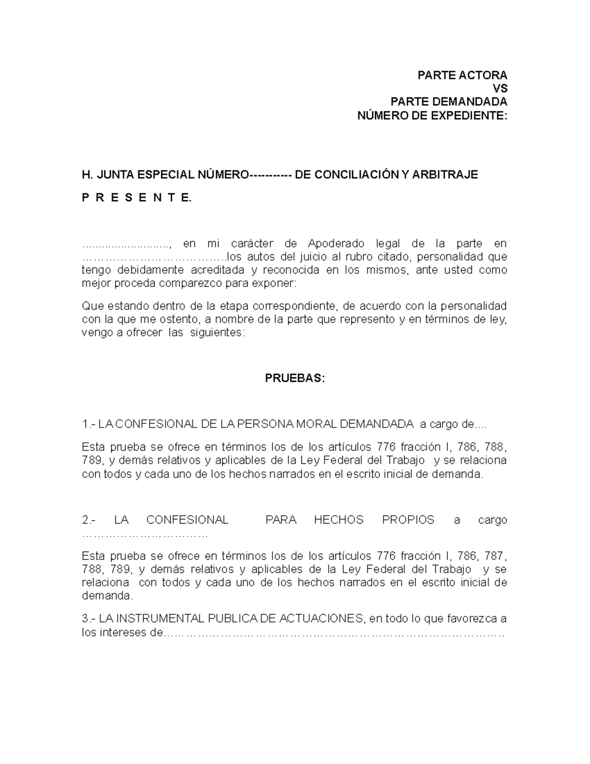1) Formato Pruebas Parte Actora - PARTE ACTORA VS PARTE DEMANDADA ...