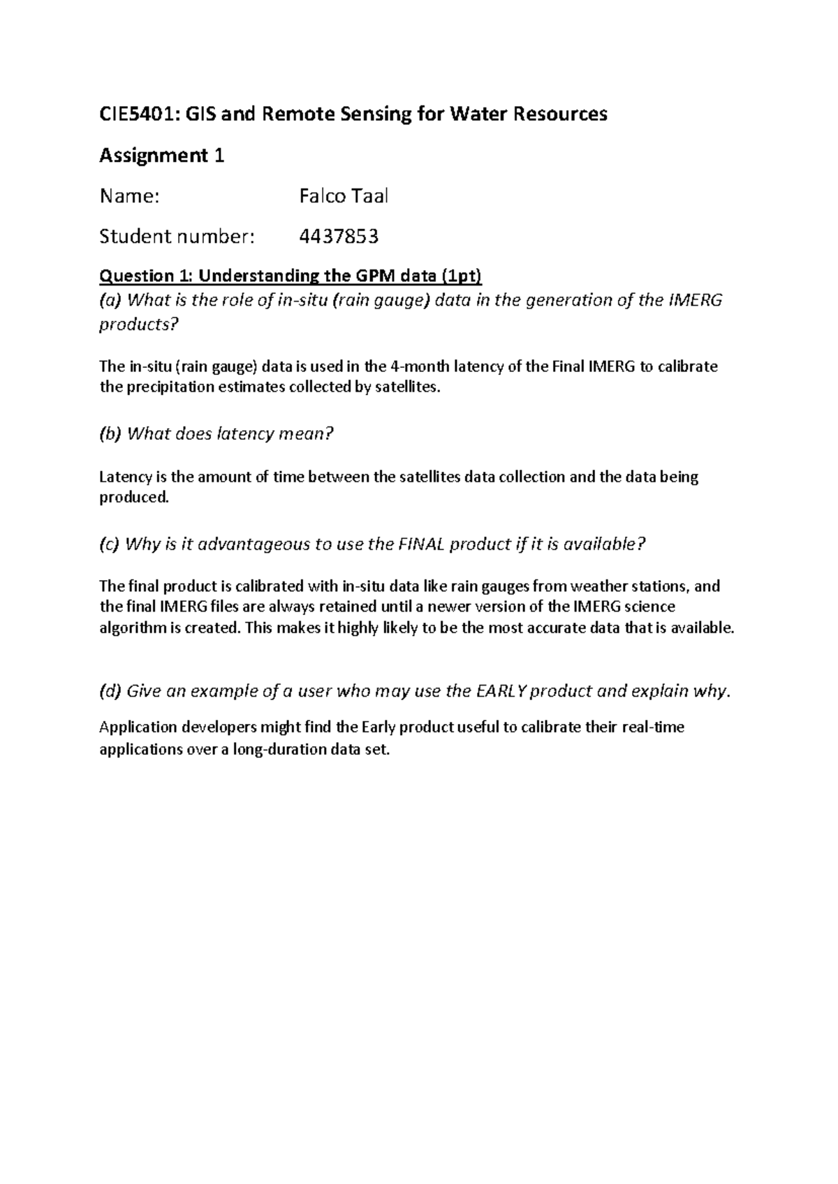 CIE5401 Taal F Assignment 1 CIE5401 GIS and Remote Sensing for Water