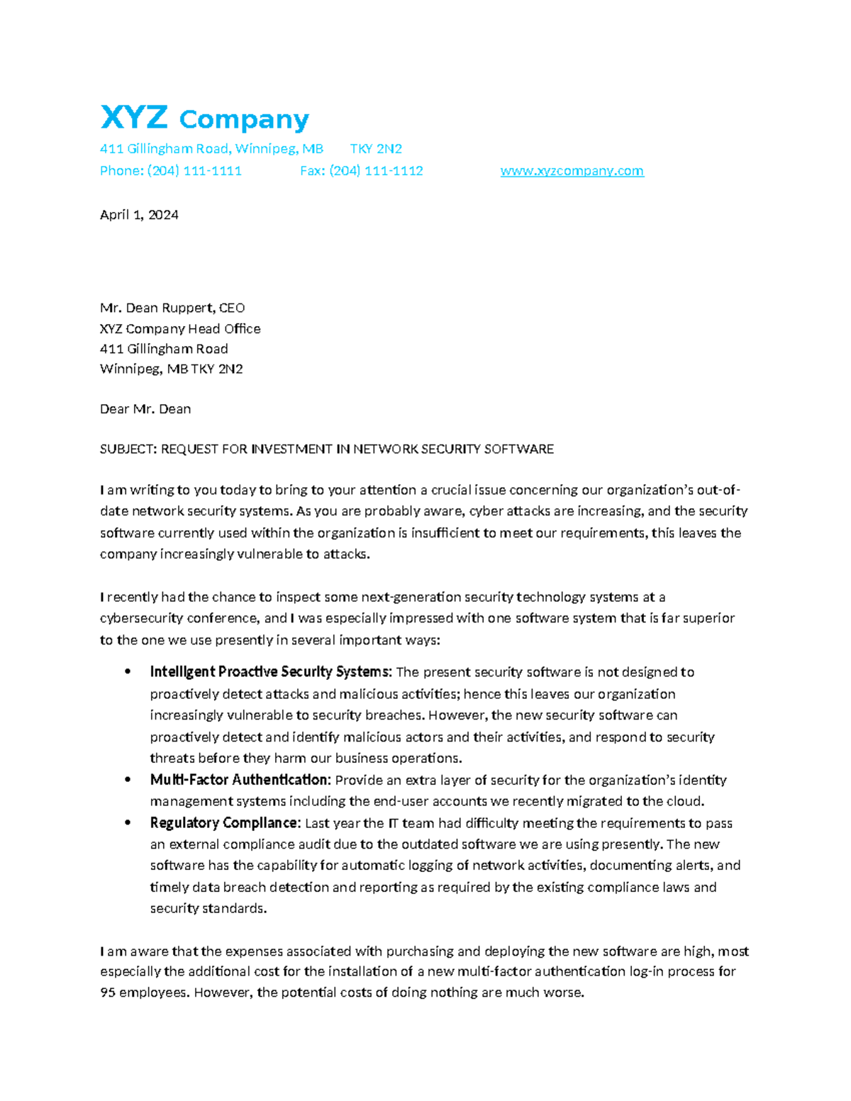 XYZ Company Business Letter Final - XYZ Company 411 Gillingham Road ...
