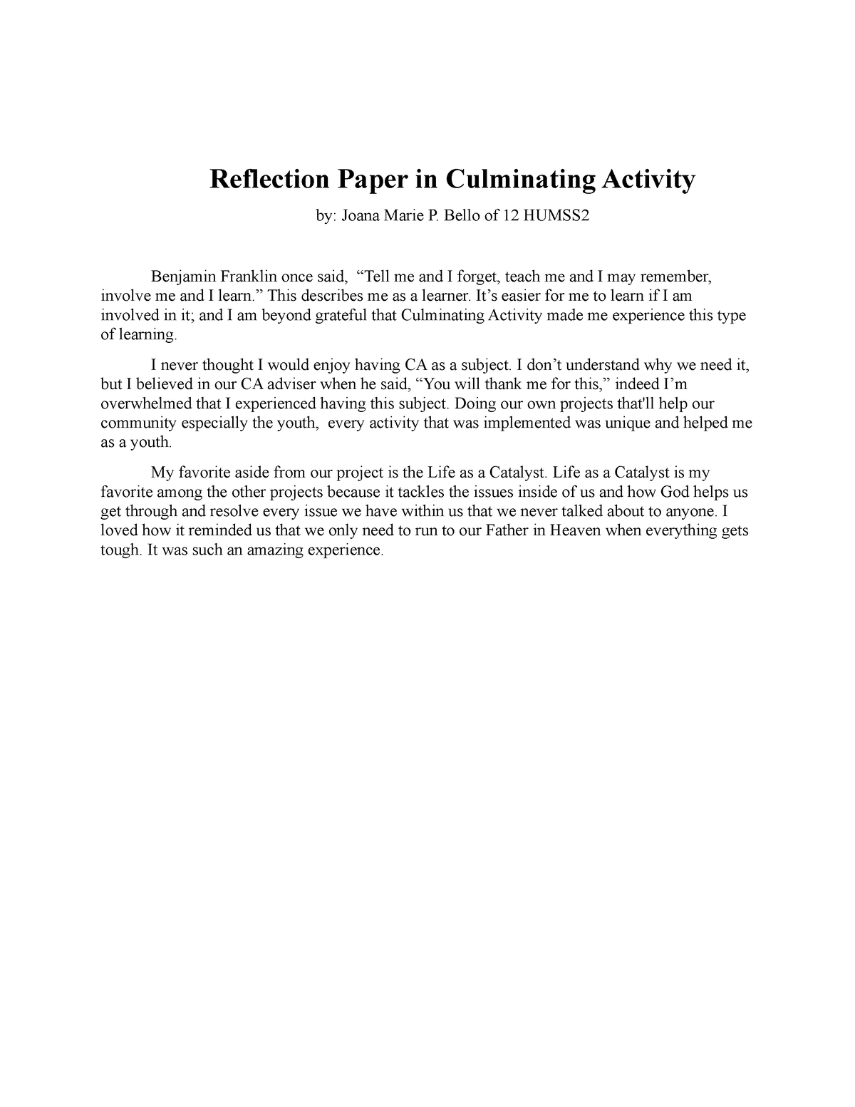 reflection paper about resume brainly