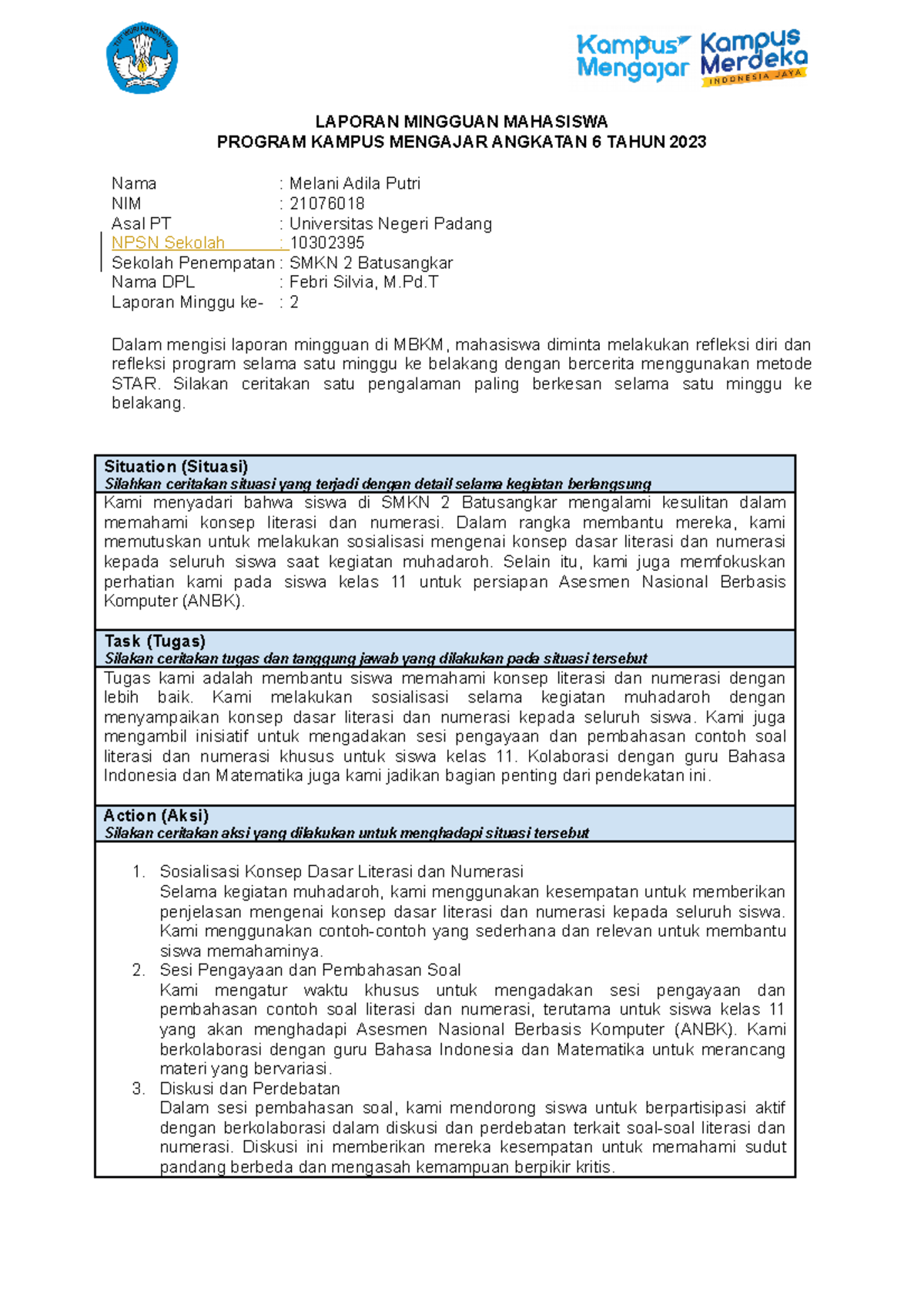Laporan Minggu Ke2 KM 6 - Melani Adila Putri - LAPORAN MINGGUAN ...