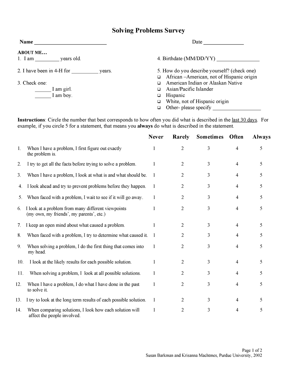 questionnaire for problem solving skills