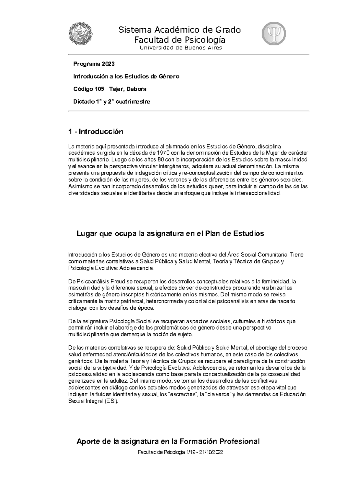 Programa 2023 IEG - Sistema Académico de Grado Facultad de Psicología ...