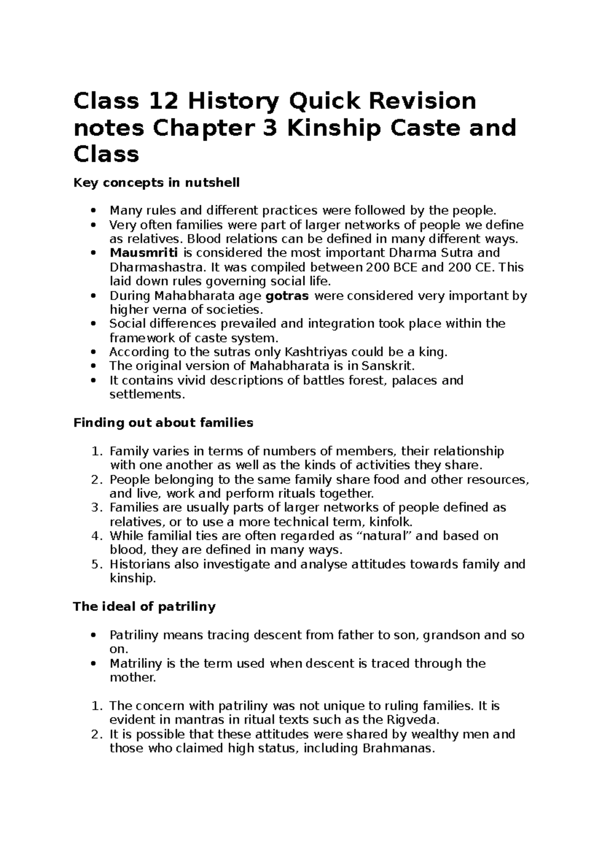 class-12-history-quick-revision-notes-chapter-3-kinship-caste-and-class