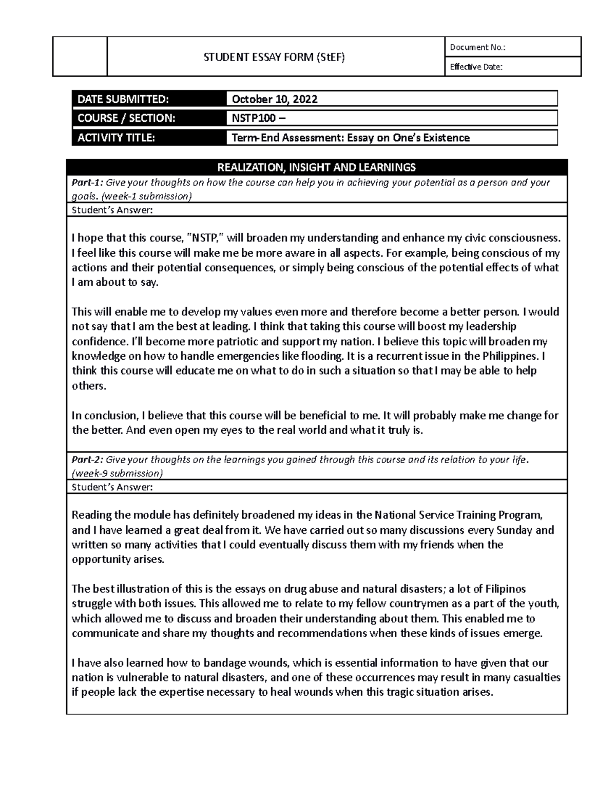 NSTP100 Term-End Assessment - Essay on One's Existence Part 2 - STUDENT ...