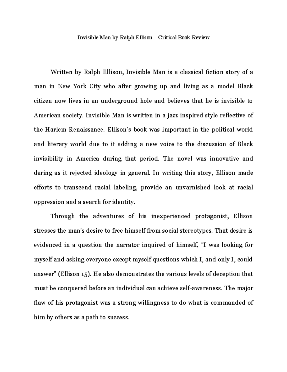 Critical Book Review - Invisible Man by Ralph Ellison - Invisible Man ...