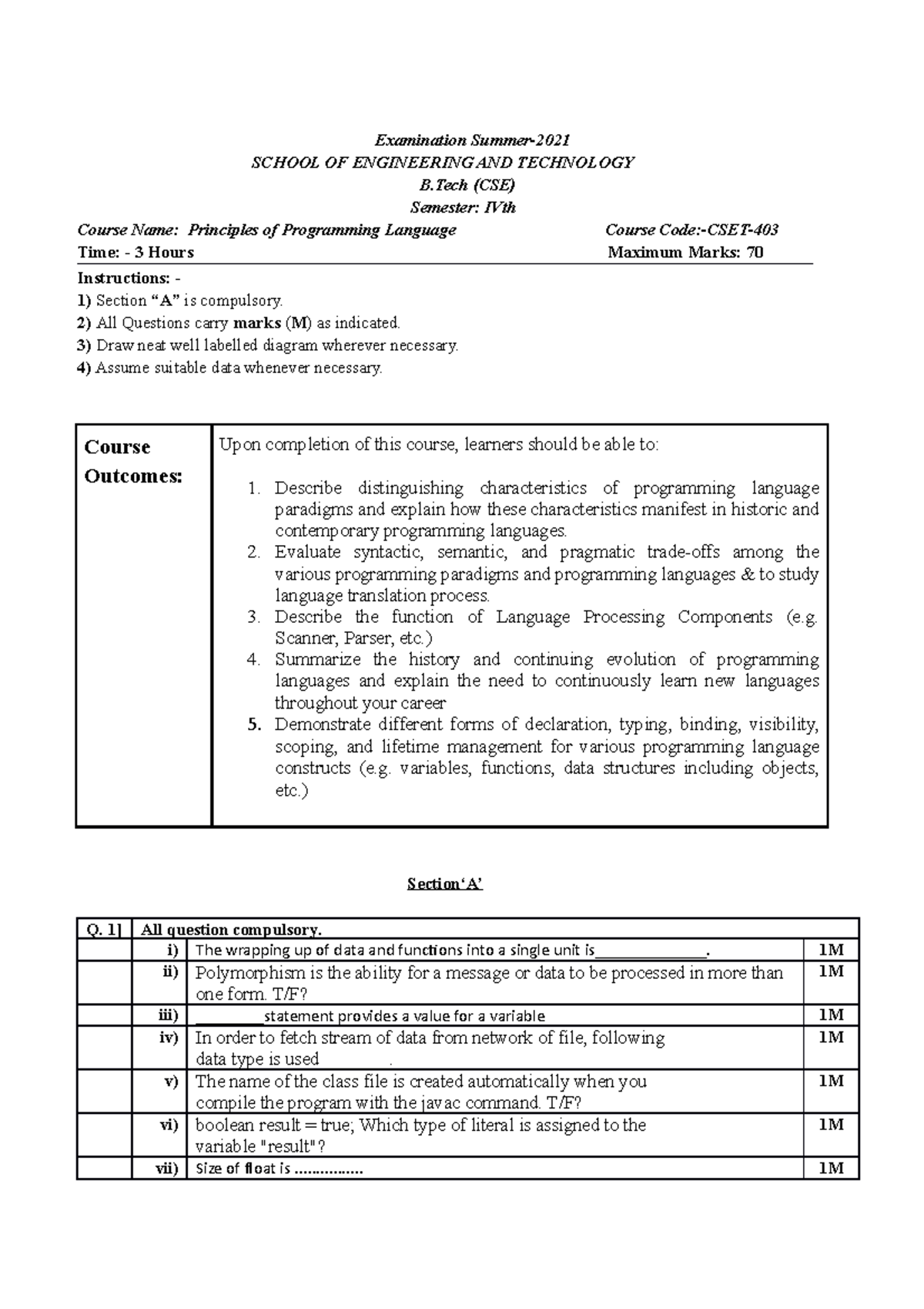 PPL-INT PPR-1 - PPL - Examination Summer- SCHOOL OF ENGINEERING AND ...