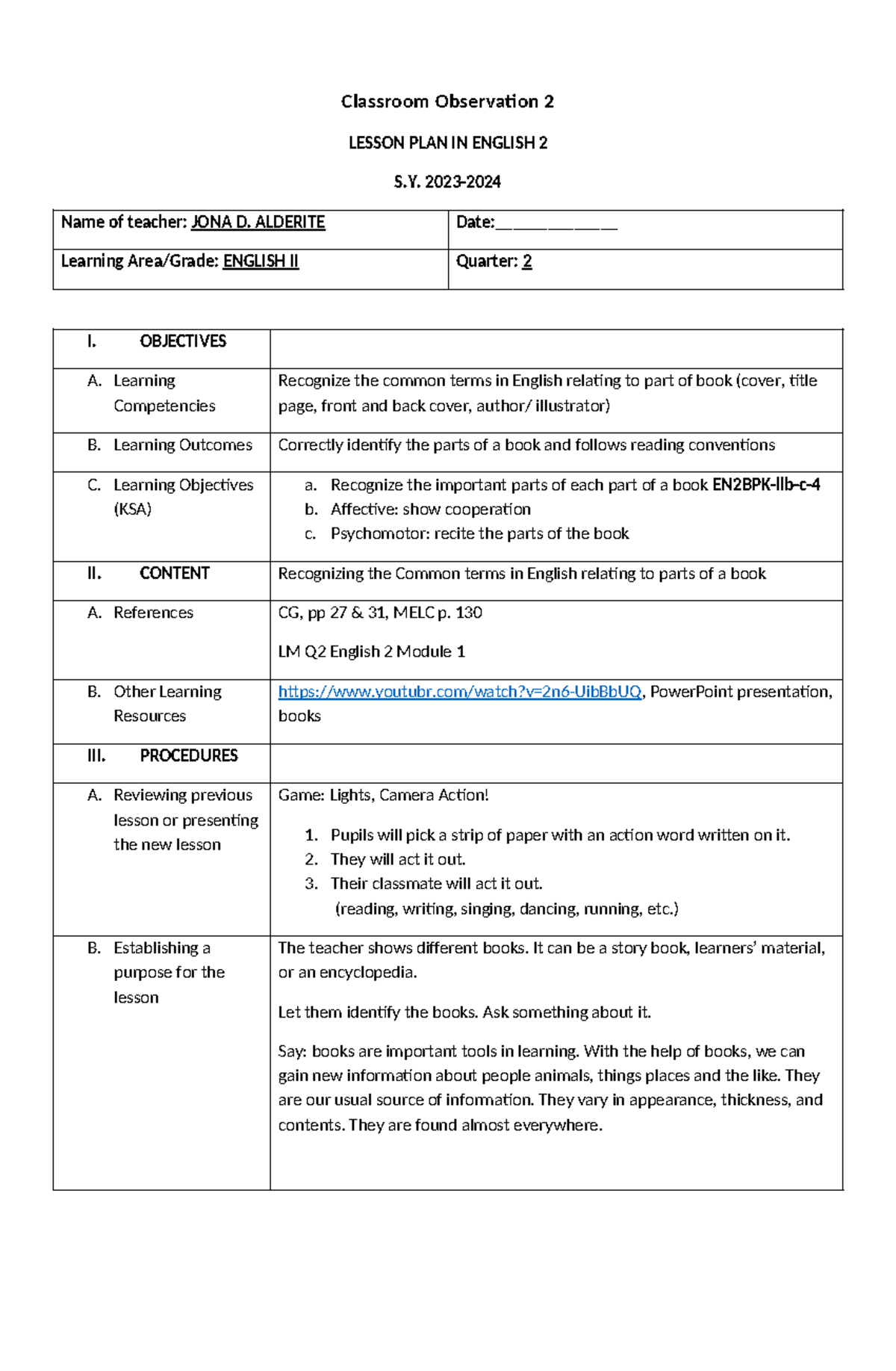 Detailed LP Quarter 2 ENG - Classroom Observation 2 LESSON PLAN IN ...