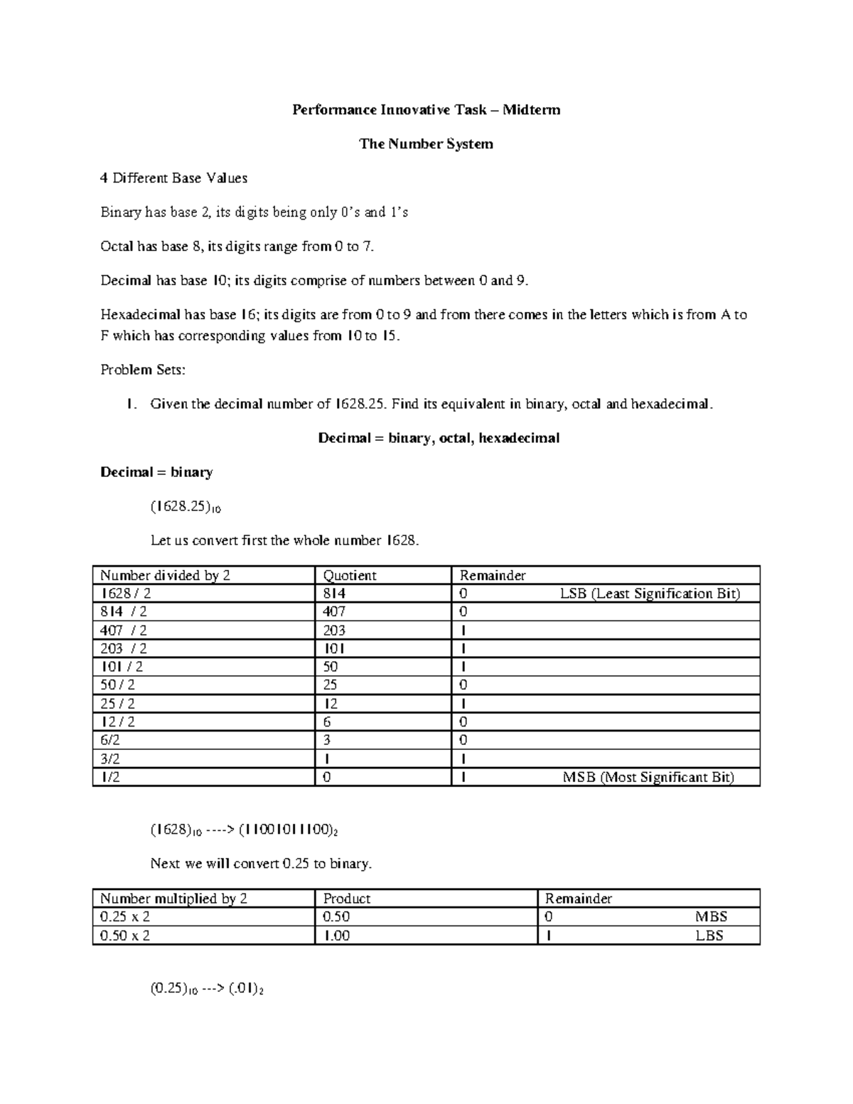 Number system - Performance Innovative Task – Midterm The Number System ...