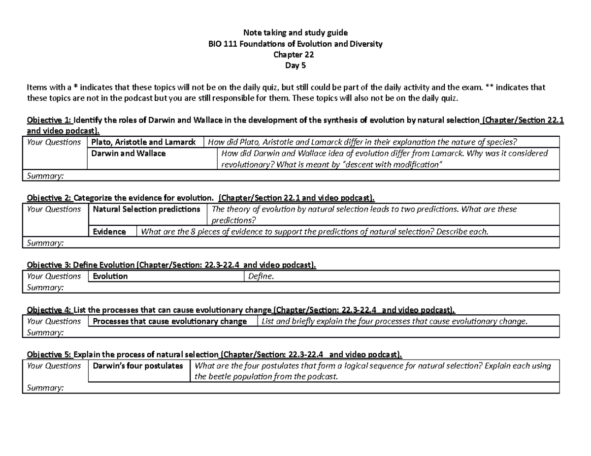 BIO 111 Study Guide For Day 5 - Note Taking And Study Guide BIO 111 ...