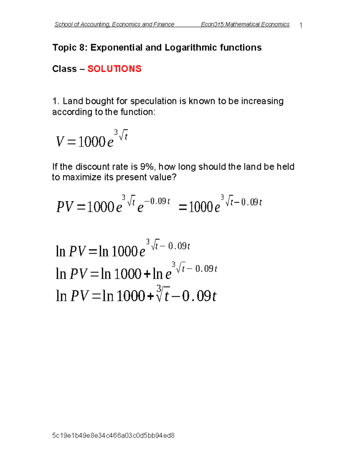 Econ315 Topic 8 class solutions - Topic 8: Exponential and Logarithmic ...