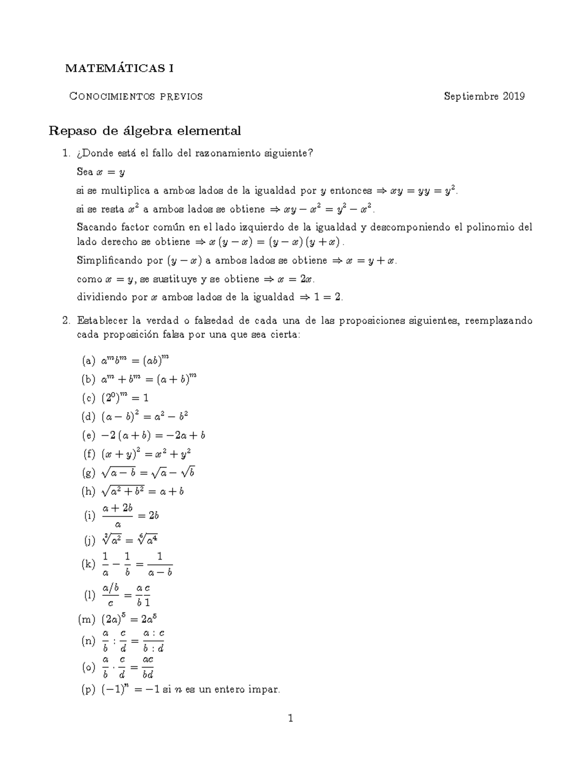 Repaso Algebra - MATEM¡TICAS I Conocimientos Previos Septiembre 2019 ...