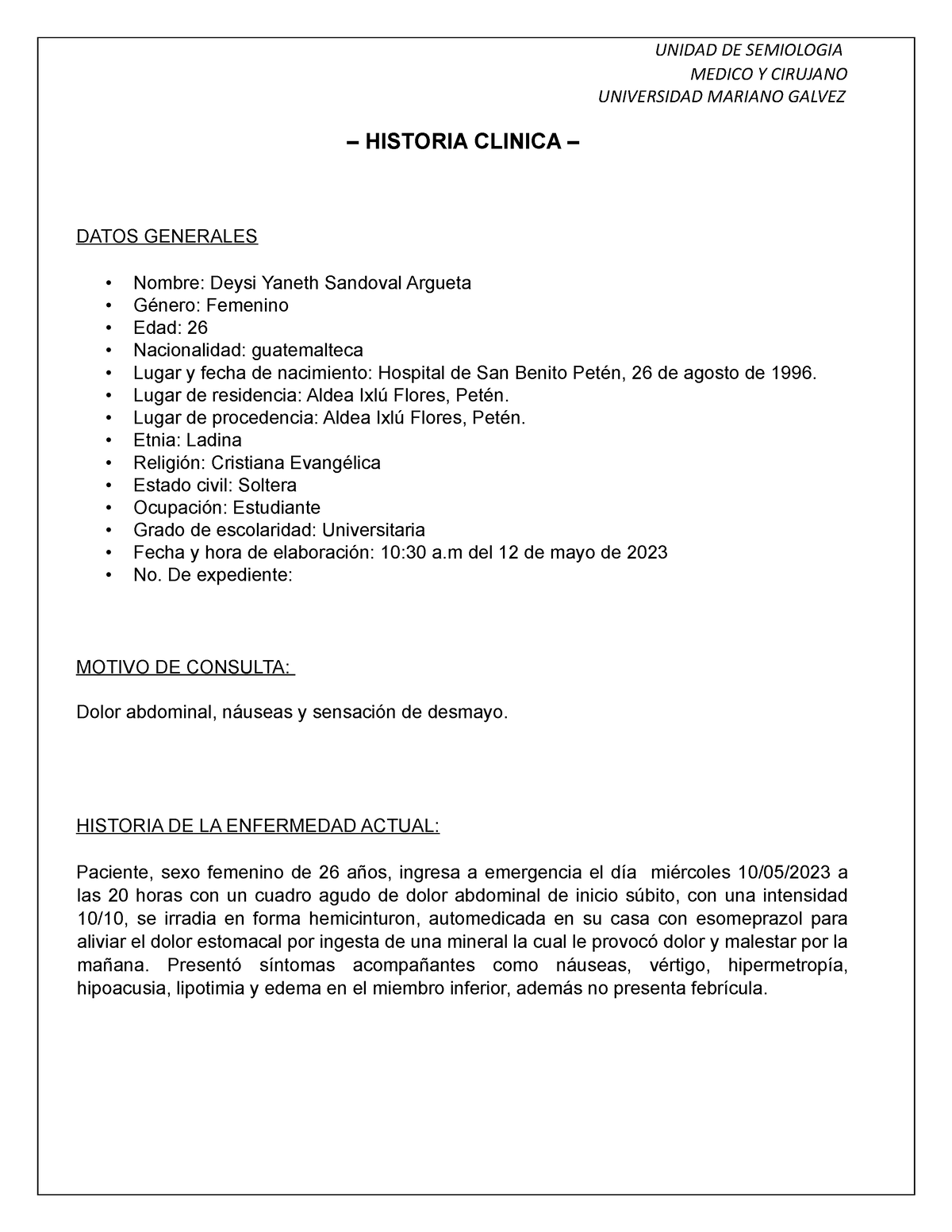 Historia Clinica En Proceso Medico Y Cirujano Universidad Mariano Galvez Historia Clinica 3856