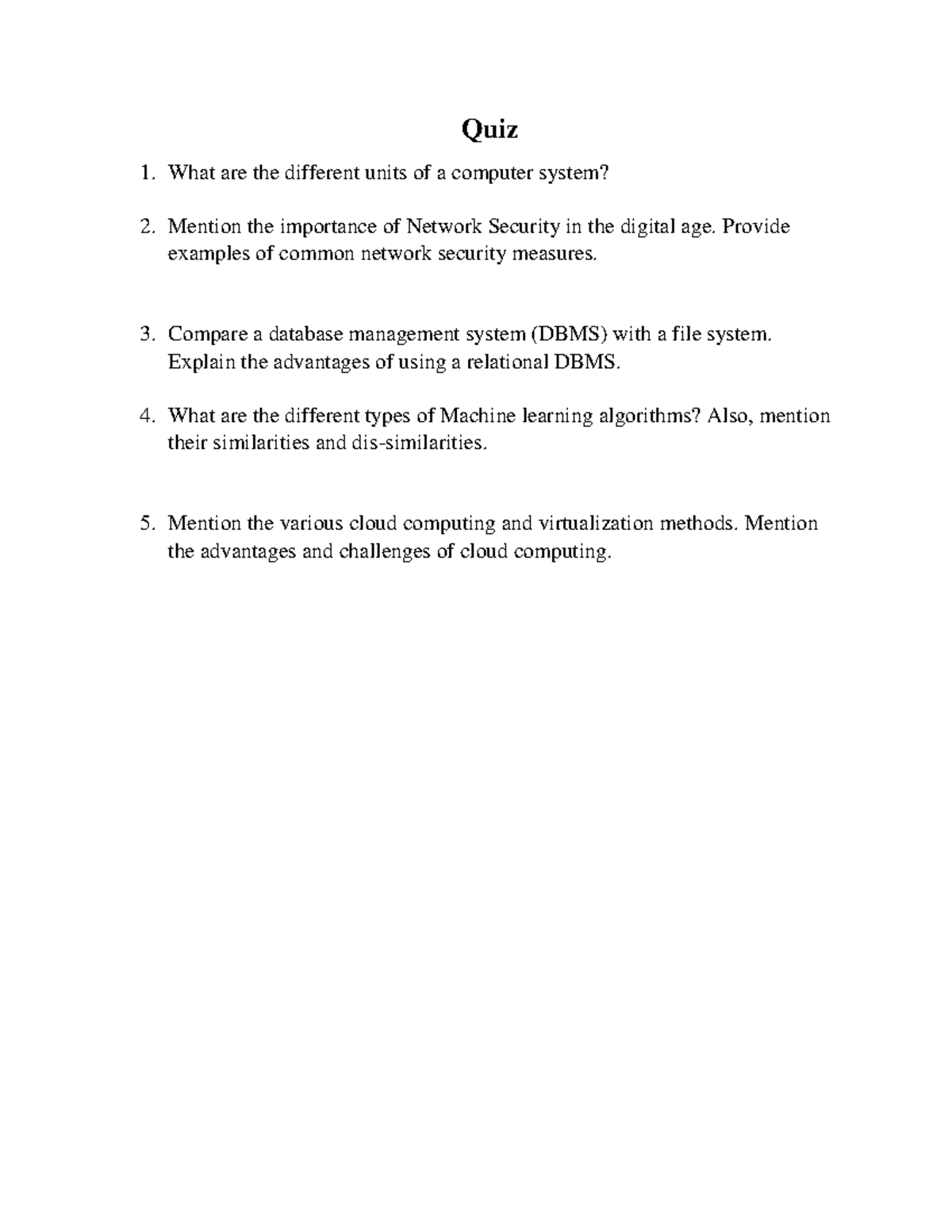 Quiz Introduction to CSE - Quiz What are the different units of a ...