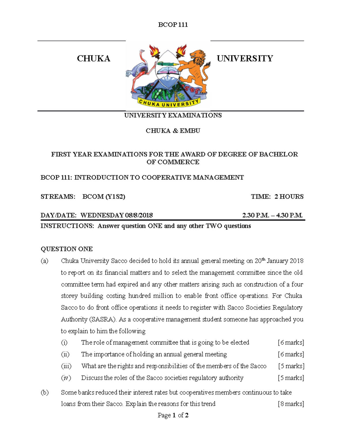 BCOP 111 - Exam - BCOP 111 CHUKA UNIVERSITY UNIVERSITY EXAMINATIONS ...
