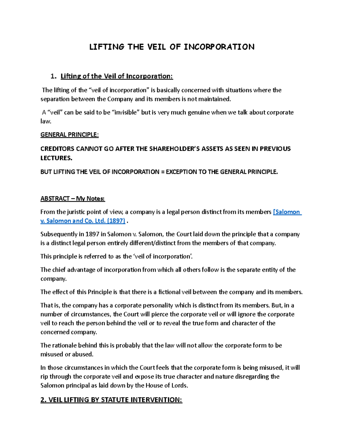 Lifting THE VEIL LIFTING THE VEIL OF INCORPORATION 1. Liting of the