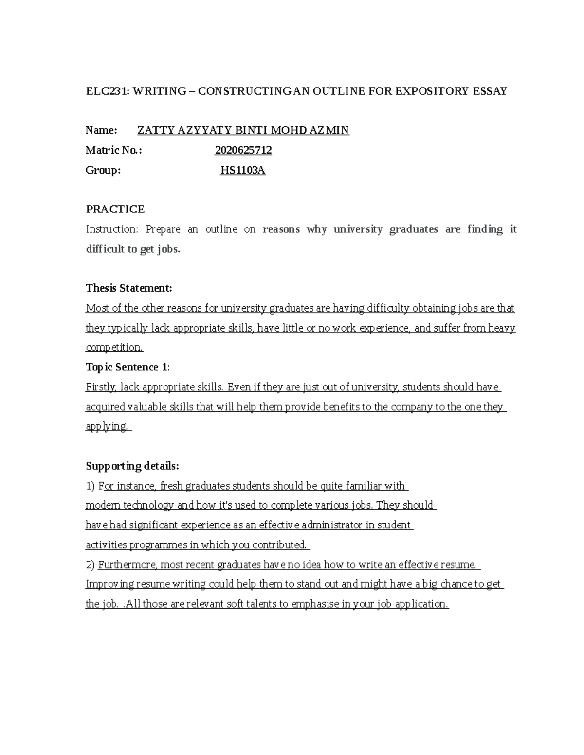 ELC231 Constructing AN Outline FOR Expository Essay - English Workplace ...