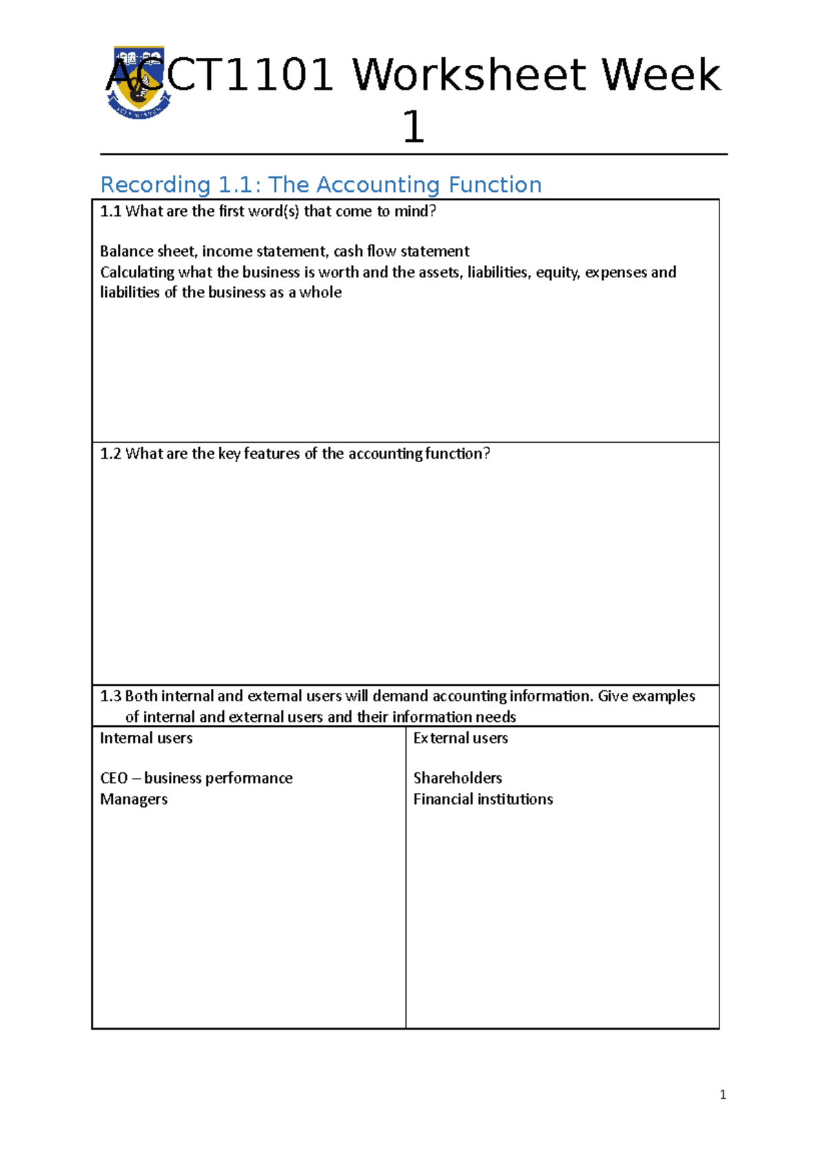 ACCT1101 Worksheet Week1 - ACCT1101 Worksheet Week 1 Recording 1: The ...