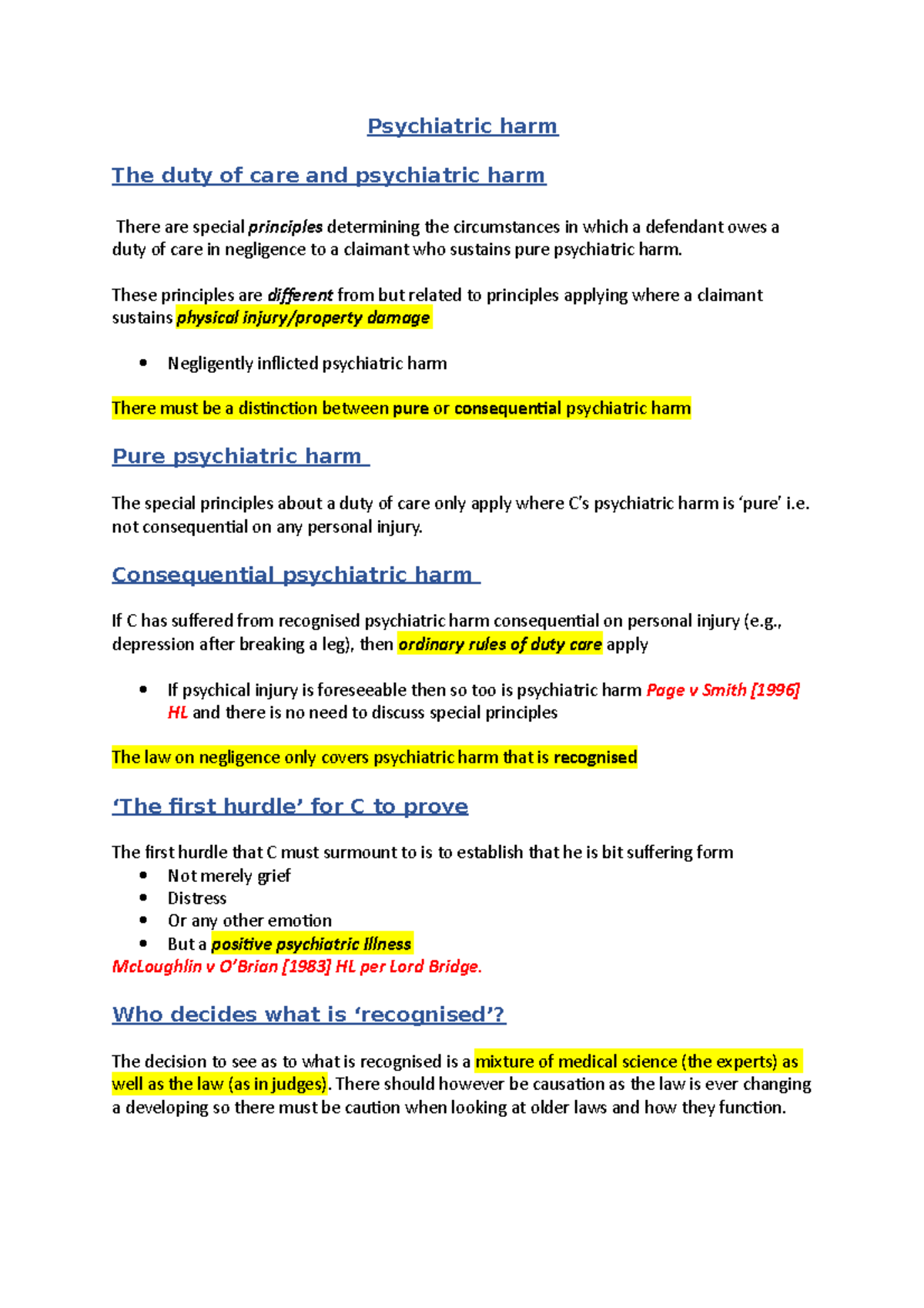 Psychiatric harm DN Psych detailed further notes Psychiatric harm