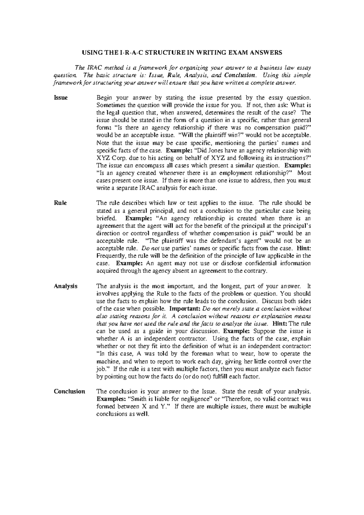 IRAC Analysis Sample USING THE I R A C STRUCTURE IN WRITING EXAM 