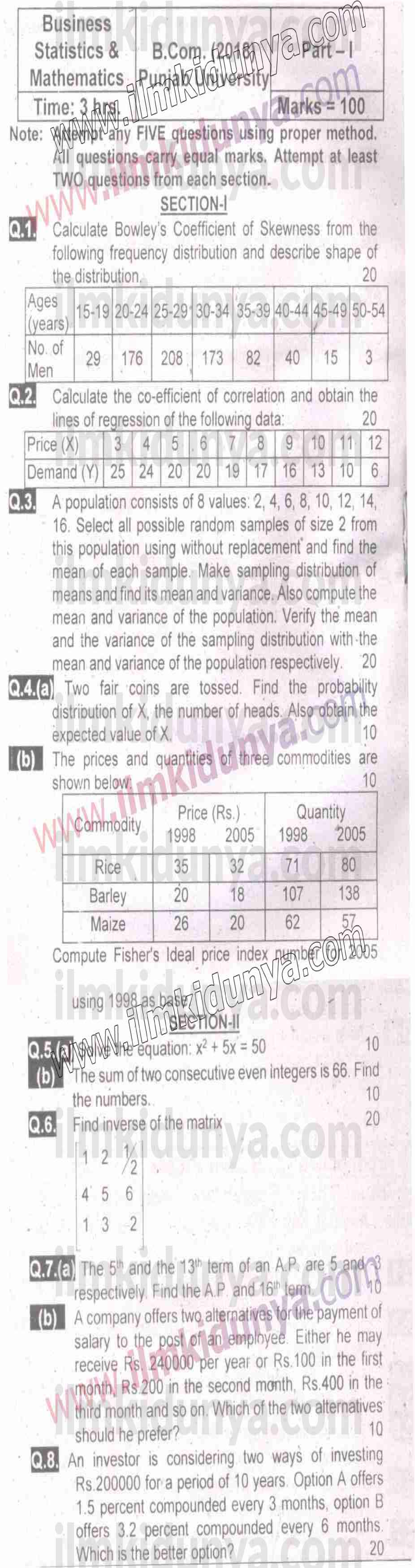 Past Paper Punjab University 2018 BCom Part 1 Business Statistics ...