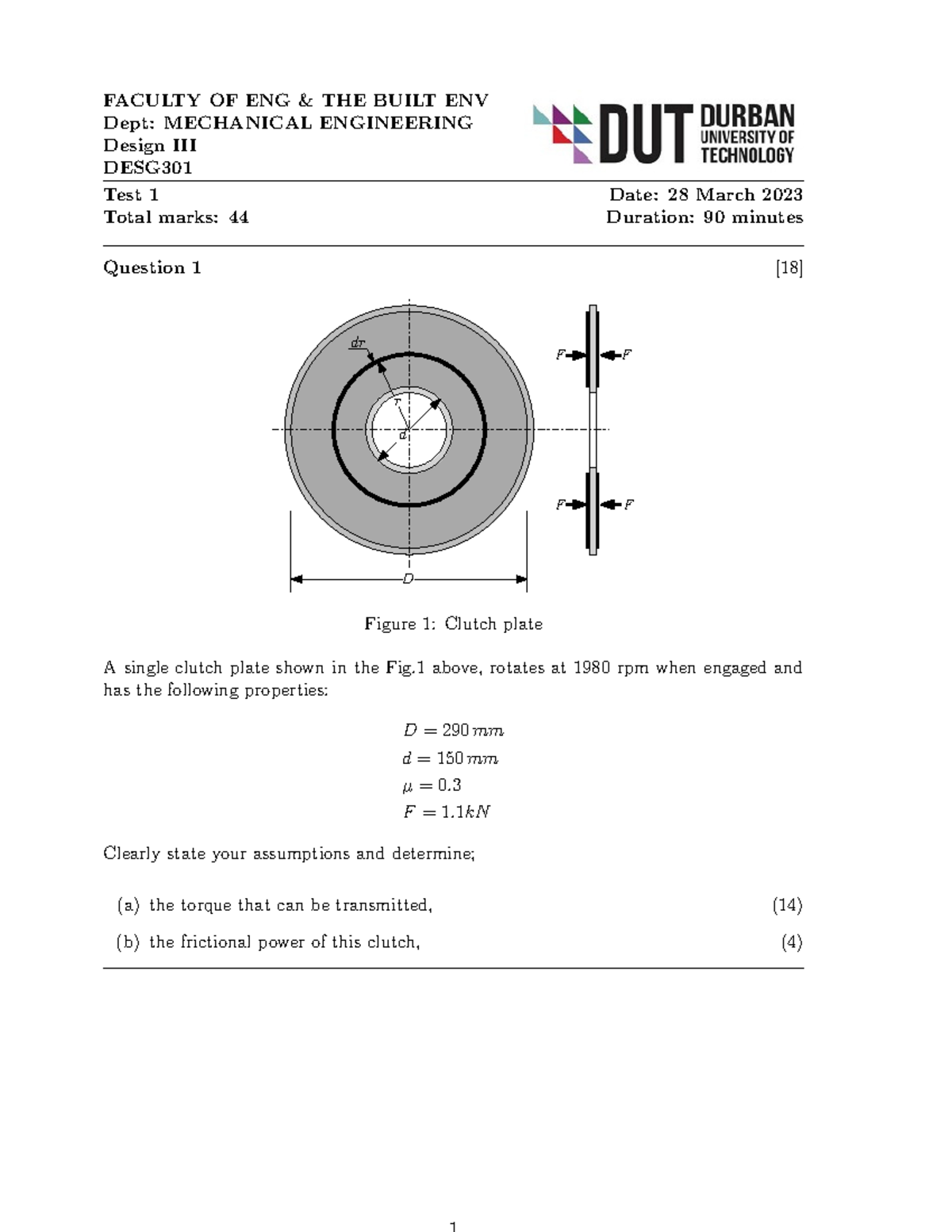 Test 1 2023 - Test 1 SMTL - FACULTY OF ENG & THE BUILT ENV Dept ...