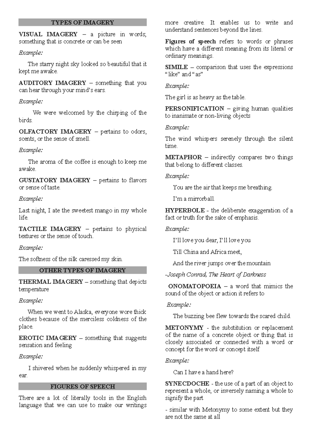 Types of Imagery & Figures of Speech - TYPES OF IMAGERY VISUAL IMAGERY ...
