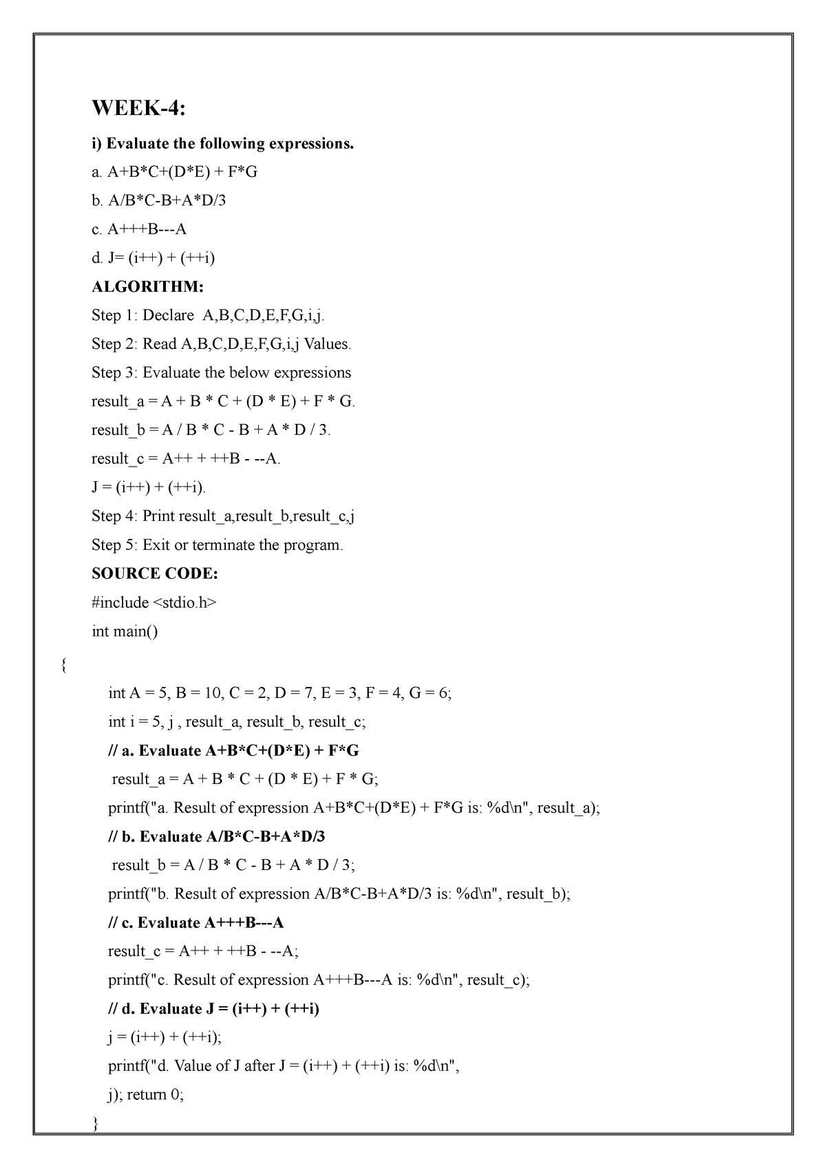 WEEK-4 - WEEK-4: I) Evaluate The Following Expressions. A. A+BC+(DE ...