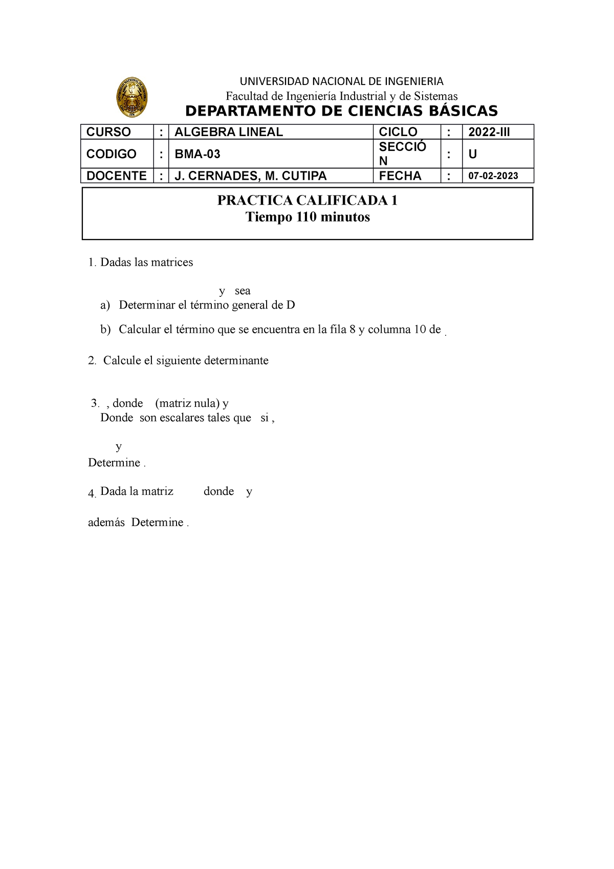 BMA03 PC1 - ............... - Algebra Lineal - UNI - Studocu