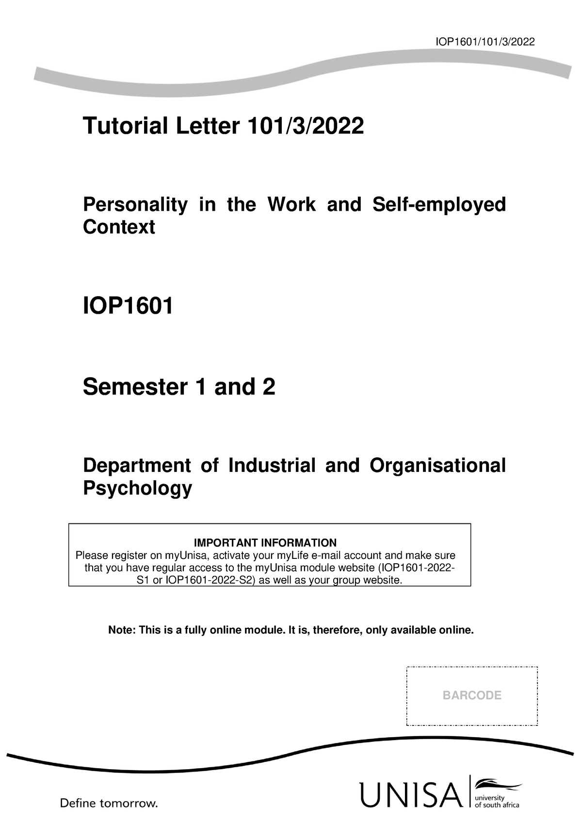 IOP160~101 Tutorial Letter - Tutorial Letter 101/3/ Personality In The ...